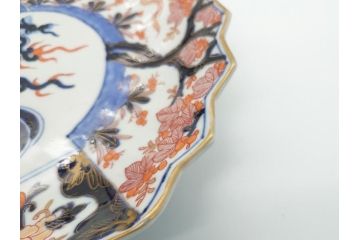江戸期　古伊万里　色絵　角福　青海波文　8.6寸皿　約26cm　鮮やかな色彩と奇抜なフォルムが食卓のアクセントとなる変形皿5客セット(大皿、八寸六分、和食器、和皿)(R-062349)