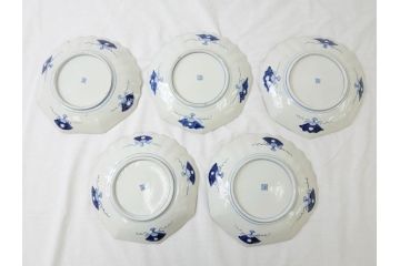 江戸期　古伊万里　色絵　角福　青海波文　8.6寸皿　約26cm　鮮やかな色彩と奇抜なフォルムが食卓のアクセントとなる変形皿5客セット(大皿、八寸六分、和食器、和皿)(R-062349)