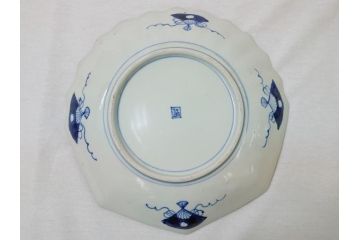 江戸期　古伊万里　色絵　角福　青海波文　8.6寸皿　約26cm　鮮やかな色彩と奇抜なフォルムが食卓のアクセントとなる変形皿5客セット(大皿、八寸六分、和食器、和皿)(R-062349)