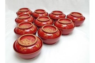沈金　朱塗り　花鳥文　4.3寸　約13cm　食卓を華やかに彩る蓋付き椀10客セット(木製、漆器、汁椀、和食器、四寸三分)(R-062352)