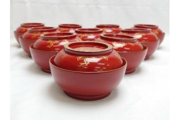 沈金　朱塗り　花鳥文　4.3寸　約13cm　食卓を華やかに彩る蓋付き椀10客セット(木製、漆器、汁椀、和食器、四寸三分)(R-062352)