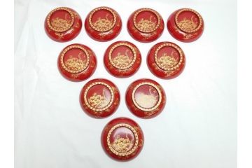 沈金　朱塗り　花鳥文　4.3寸　約13cm　食卓を華やかに彩る蓋付き椀10客セット(木製、漆器、汁椀、和食器、四寸三分)(R-062352)