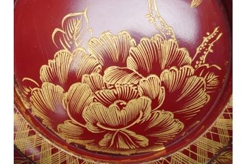 沈金　朱塗り　花鳥文　4.3寸　約13cm　食卓を華やかに彩る蓋付き椀10客セット(木製、漆器、汁椀、和食器、四寸三分)(R-062352)