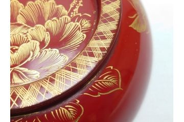 沈金　朱塗り　花鳥文　4.3寸　約13cm　食卓を華やかに彩る蓋付き椀10客セット(木製、漆器、汁椀、和食器、四寸三分)(R-062352)