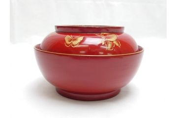 沈金　朱塗り　花鳥文　4.3寸　約13cm　食卓を華やかに彩る蓋付き椀10客セット(木製、漆器、汁椀、和食器、四寸三分)(R-062352)
