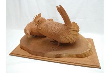 昭和初期　中村七十郎作　角刀　木の温かみを感じる木彫りの置物(チャボ、鳥、二羽、置き物、共箱付き、彫刻家、宮大工)(R-062371)