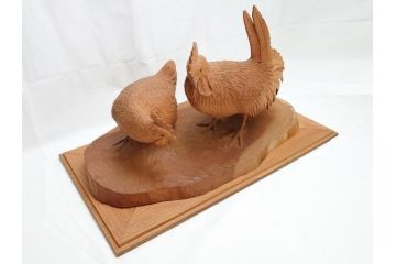 昭和初期　中村七十郎作　角刀　木の温かみを感じる木彫りの置物(チャボ、鳥、二羽、置き物、共箱付き、彫刻家、宮大工)(R-062371)