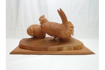 昭和初期　中村七十郎作　角刀　木の温かみを感じる木彫りの置物(チャボ、鳥、二羽、置き物、共箱付き、彫刻家、宮大工)(R-062371)