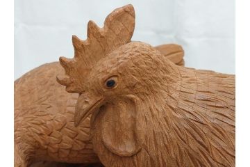 昭和初期　中村七十郎作　角刀　木の温かみを感じる木彫りの置物(チャボ、鳥、二羽、置き物、共箱付き、彫刻家、宮大工)(R-062371)