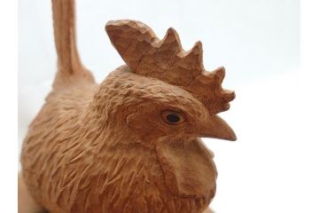 昭和初期　中村七十郎作　角刀　木の温かみを感じる木彫りの置物(チャボ、鳥、二羽、置き物、共箱付き、彫刻家、宮大工)(R-062371)