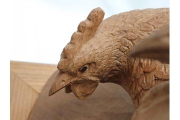昭和初期　中村七十郎作　角刀　木の温かみを感じる木彫りの置物(チャボ、鳥、二羽、置き物、共箱付き、彫刻家、宮大工)(R-062371)