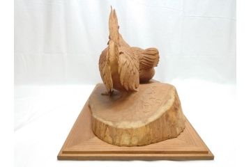 昭和初期　中村七十郎作　角刀　木の温かみを感じる木彫りの置物(チャボ、鳥、二羽、置き物、共箱付き、彫刻家、宮大工)(R-062371)