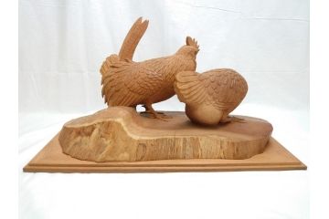 昭和初期　中村七十郎作　角刀　木の温かみを感じる木彫りの置物(チャボ、鳥、二羽、置き物、共箱付き、彫刻家、宮大工)(R-062371)