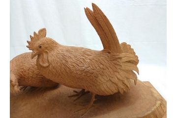 昭和初期　中村七十郎作　角刀　木の温かみを感じる木彫りの置物(チャボ、鳥、二羽、置き物、共箱付き、彫刻家、宮大工)(R-062371)