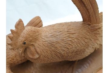 昭和初期　中村七十郎作　角刀　木の温かみを感じる木彫りの置物(チャボ、鳥、二羽、置き物、共箱付き、彫刻家、宮大工)(R-062371)