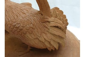 昭和初期　中村七十郎作　角刀　木の温かみを感じる木彫りの置物(チャボ、鳥、二羽、置き物、共箱付き、彫刻家、宮大工)(R-062371)