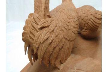 昭和初期　中村七十郎作　角刀　木の温かみを感じる木彫りの置物(チャボ、鳥、二羽、置き物、共箱付き、彫刻家、宮大工)(R-062371)