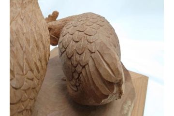 昭和初期　中村七十郎作　角刀　木の温かみを感じる木彫りの置物(チャボ、鳥、二羽、置き物、共箱付き、彫刻家、宮大工)(R-062371)