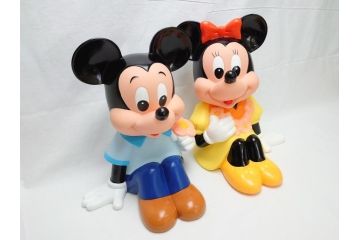 当時物　三菱銀行　ノベルティー　ソフビ　2体セット　レトロな表情が可愛いミッキー&ミニーの古い貯金箱(カウンター用、店頭用、企業物、非売品、コインバンク、ディズニー)(R-062372)