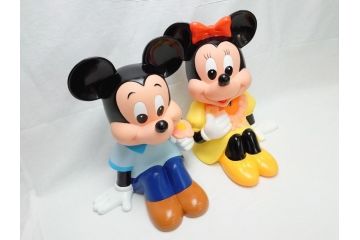 当時物　三菱銀行　ノベルティー　ソフビ　2体セット　レトロな表情が可愛いミッキー&ミニーの古い貯金箱(カウンター用、店頭用、企業物、非売品、コインバンク、ディズニー)(R-062372)