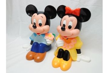 当時物　三菱銀行　ノベルティー　ソフビ　2体セット　レトロな表情が可愛いミッキー&ミニーの古い貯金箱(カウンター用、店頭用、企業物、非売品、コインバンク、ディズニー)(R-062373)
