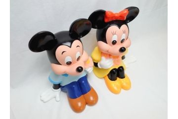 当時物　三菱銀行　ノベルティー　ソフビ　2体セット　レトロな表情が可愛いミッキー&ミニーの古い貯金箱(カウンター用、店頭用、企業物、非売品、コインバンク、ディズニー)(R-062373)