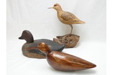 鴨　シギ　それぞれ個性の違った愛らしいデコイ3点セット(置き物、置物、模型、ディスプレイ、インテリア、木製)(R-062377)
