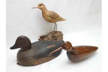 鴨　シギ　それぞれ個性の違った愛らしいデコイ3点セット(置き物、置物、模型、ディスプレイ、インテリア、木製)(R-062377)