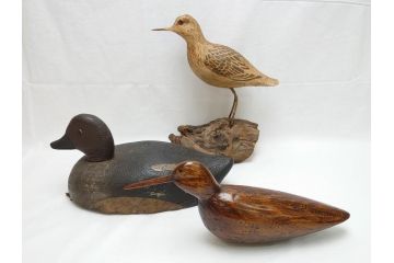 鴨　シギ　それぞれ個性の違った愛らしいデコイ3点セット(置き物、置物、模型、ディスプレイ、インテリア、木製)(R-062377)