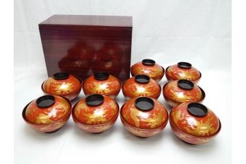 明治期　蒔絵　朱塗り　木製　漆器　雲鶴吸物椀　4寸　約12cm　鮮やかな朱色が食卓を華やかにする蓋付き椀10客セット(和食器、共箱付き、四寸)(R-062380)