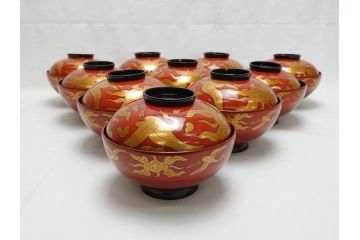 明治期　蒔絵　朱塗り　木製　漆器　雲鶴吸物椀　4寸　約12cm　鮮やかな朱色が食卓を華やかにする蓋付き椀10客セット(和食器、共箱付き、四寸)(R-062380)