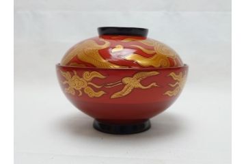 明治期　蒔絵　朱塗り　木製　漆器　雲鶴吸物椀　4寸　約12cm　鮮やかな朱色が食卓を華やかにする蓋付き椀10客セット(和食器、共箱付き、四寸)(R-062380)
