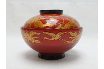 明治期　蒔絵　朱塗り　木製　漆器　雲鶴吸物椀　4寸　約12cm　鮮やかな朱色が食卓を華やかにする蓋付き椀10客セット(和食器、共箱付き、四寸)(R-062380)