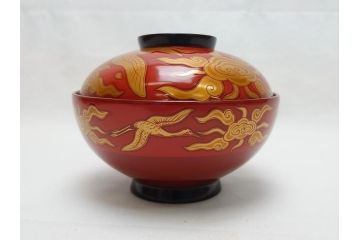 明治期　蒔絵　朱塗り　木製　漆器　雲鶴吸物椀　4寸　約12cm　鮮やかな朱色が食卓を華やかにする蓋付き椀10客セット(和食器、共箱付き、四寸)(R-062380)