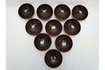 明治期　蒔絵　朱塗り　木製　漆器　雲鶴吸物椀　4寸　約12cm　鮮やかな朱色が食卓を華やかにする蓋付き椀10客セット(和食器、共箱付き、四寸)(R-062380)