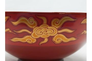 明治期　蒔絵　朱塗り　木製　漆器　雲鶴吸物椀　4寸　約12cm　鮮やかな朱色が食卓を華やかにする蓋付き椀10客セット(和食器、共箱付き、四寸)(R-062380)