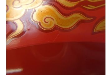 明治期　蒔絵　朱塗り　木製　漆器　雲鶴吸物椀　4寸　約12cm　鮮やかな朱色が食卓を華やかにする蓋付き椀10客セット(和食器、共箱付き、四寸)(R-062380)