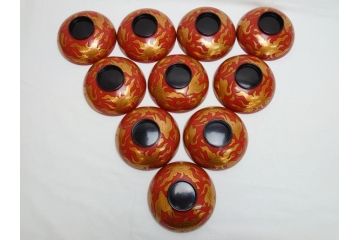 明治期　蒔絵　朱塗り　木製　漆器　雲鶴吸物椀　4寸　約12cm　鮮やかな朱色が食卓を華やかにする蓋付き椀10客セット(和食器、共箱付き、四寸)(R-062380)