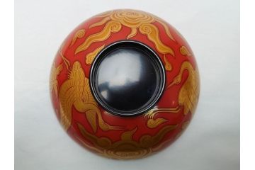 明治期　蒔絵　朱塗り　木製　漆器　雲鶴吸物椀　4寸　約12cm　鮮やかな朱色が食卓を華やかにする蓋付き椀10客セット(和食器、共箱付き、四寸)(R-062380)