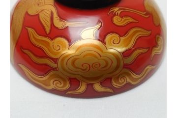 明治期　蒔絵　朱塗り　木製　漆器　雲鶴吸物椀　4寸　約12cm　鮮やかな朱色が食卓を華やかにする蓋付き椀10客セット(和食器、共箱付き、四寸)(R-062380)