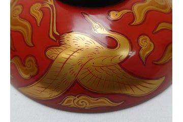 明治期　蒔絵　朱塗り　木製　漆器　雲鶴吸物椀　4寸　約12cm　鮮やかな朱色が食卓を華やかにする蓋付き椀10客セット(和食器、共箱付き、四寸)(R-062380)