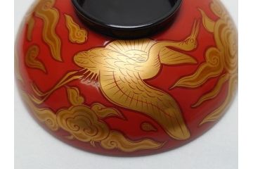 明治期　蒔絵　朱塗り　木製　漆器　雲鶴吸物椀　4寸　約12cm　鮮やかな朱色が食卓を華やかにする蓋付き椀10客セット(和食器、共箱付き、四寸)(R-062380)