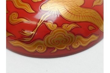 明治期　蒔絵　朱塗り　木製　漆器　雲鶴吸物椀　4寸　約12cm　鮮やかな朱色が食卓を華やかにする蓋付き椀10客セット(和食器、共箱付き、四寸)(R-062380)