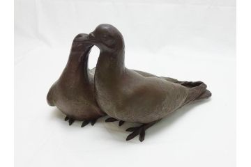 昭和17年　三澤寛(三沢寛)　ブロンズ　幸福の鳩(はと、ハト、つがい、ディスプレイ、オブジェ、共箱付き)(R-062381)