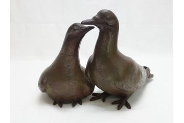 昭和17年　三澤寛(三沢寛)　ブロンズ　幸福の鳩(はと、ハト、つがい、ディスプレイ、オブジェ、共箱付き)(R-062381)