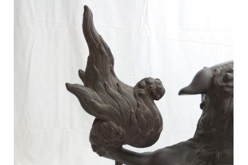明治期　古銅　塗金　特大　鞠獅子　玉乗り　香炉　勇ましく異彩を放つ表情に惹きつけられる獅子の置物(玉獅子、置き物、仏具、インテリア、ディスプレイ)(R-062382)