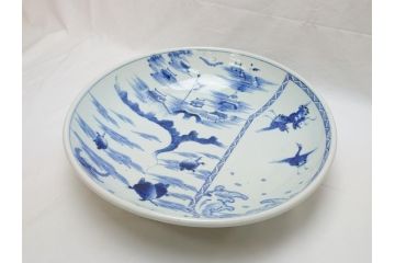 江戸期　古伊万里　染付　城　波に鶴文　亀文　1尺3寸皿　約38.5cm　珍しい図柄の大皿(一尺三寸、和食器、和皿)(R-062387)