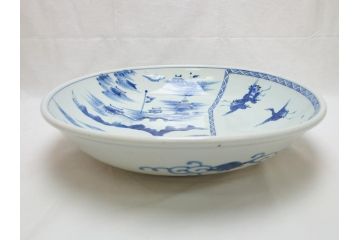 江戸期　古伊万里　染付　城　波に鶴文　亀文　1尺3寸皿　約38.5cm　珍しい図柄の大皿(一尺三寸、和食器、和皿)(R-062387)