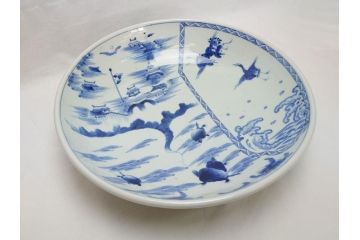 江戸期　古伊万里　染付　城　波に鶴文　亀文　1尺3寸皿　約38.5cm　珍しい図柄の大皿(一尺三寸、和食器、和皿)(R-062387)