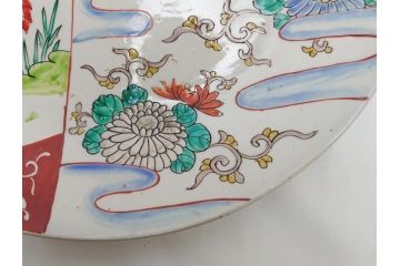 幕末期　伊万里焼　色絵　梅　双鶴　花文　1尺4寸皿　約41cm　色彩豊かで食卓が華やぐ大皿(一尺四寸、和食器、和皿)(R-062388)